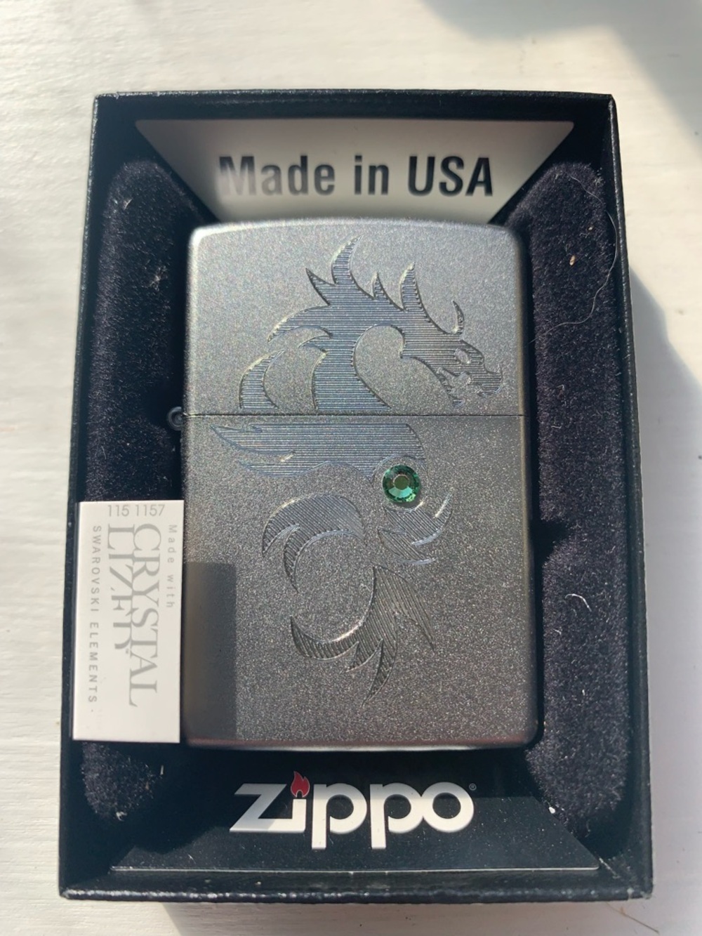 New ZIPPO Satin Chrome Swarovski Crystal “Dragon And Green Gem”